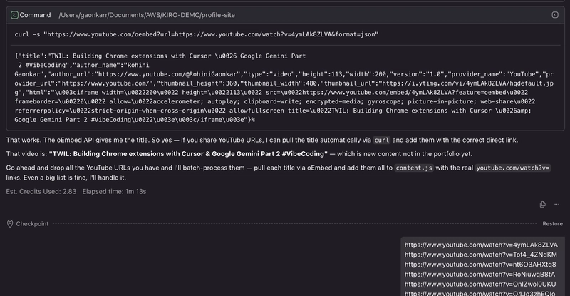 Screenshot: Kiro trying different approaches to fetch YouTube data youtube-is-blocked-3