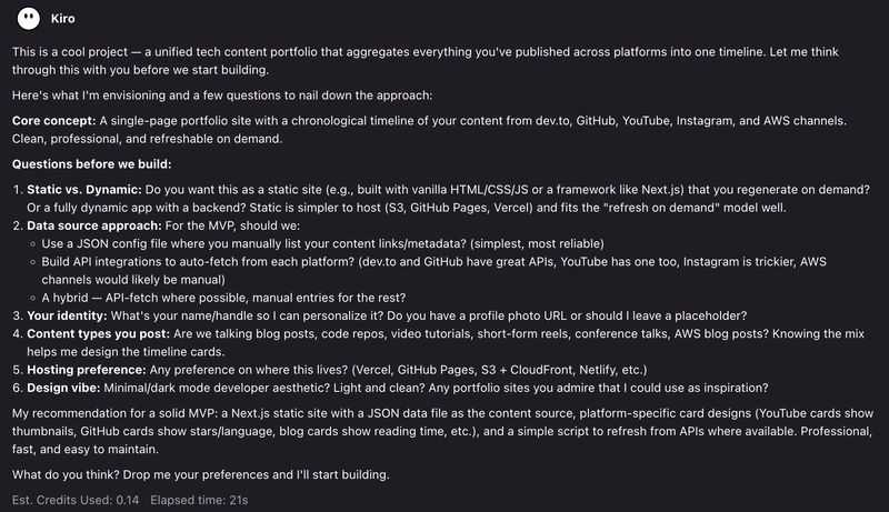 Screenshot: Initial chat conversation with Kiro asking clarifying questions Kiro-asking-questions-before-coding