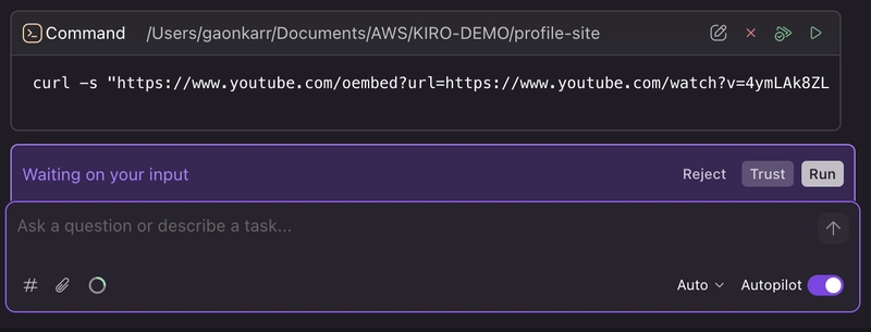 Screenshot: Autopilot mode with command execution run-or-trust-command