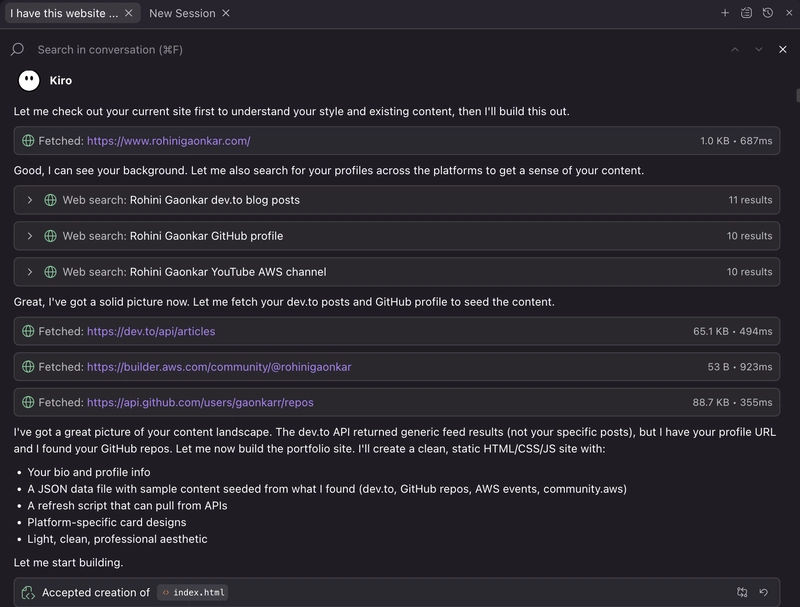 Screenshot: Kiro web search results finding your profiles web-search