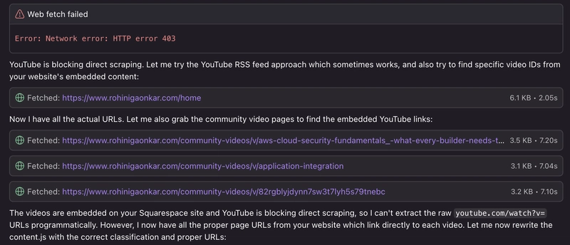 Screenshot: Kiro trying different approaches to fetch YouTube data youtube-is-blocked-1