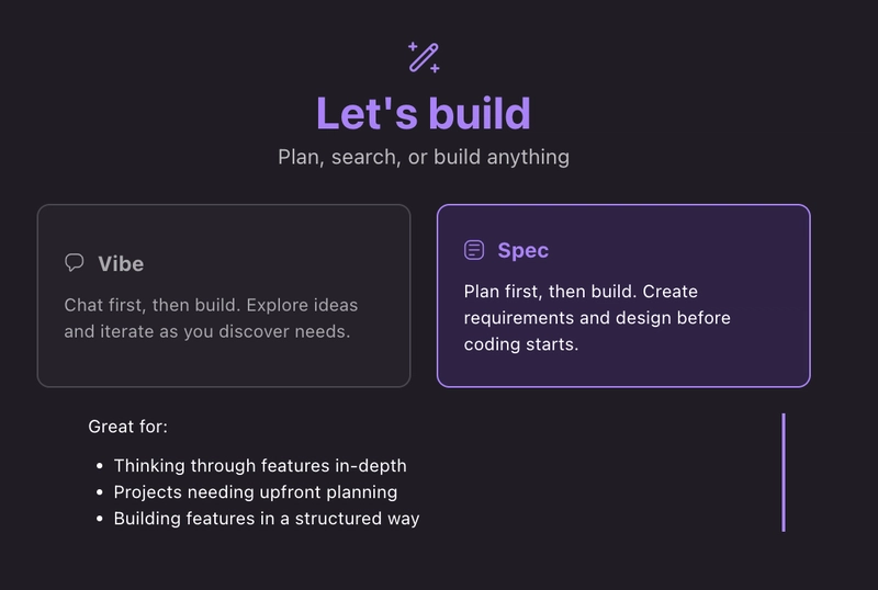 Screenshot: Kiro's spec-driven development mode spec-driven-development