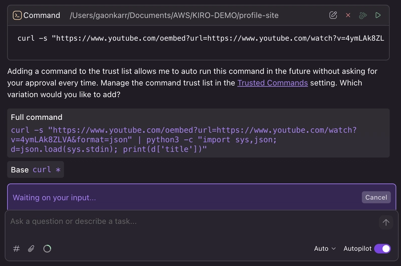 Screenshot: Autopilot mode with command execution trust-levels
