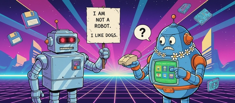  cartoon, showing two robots desperately trying to prove to each other that they are not a robot
