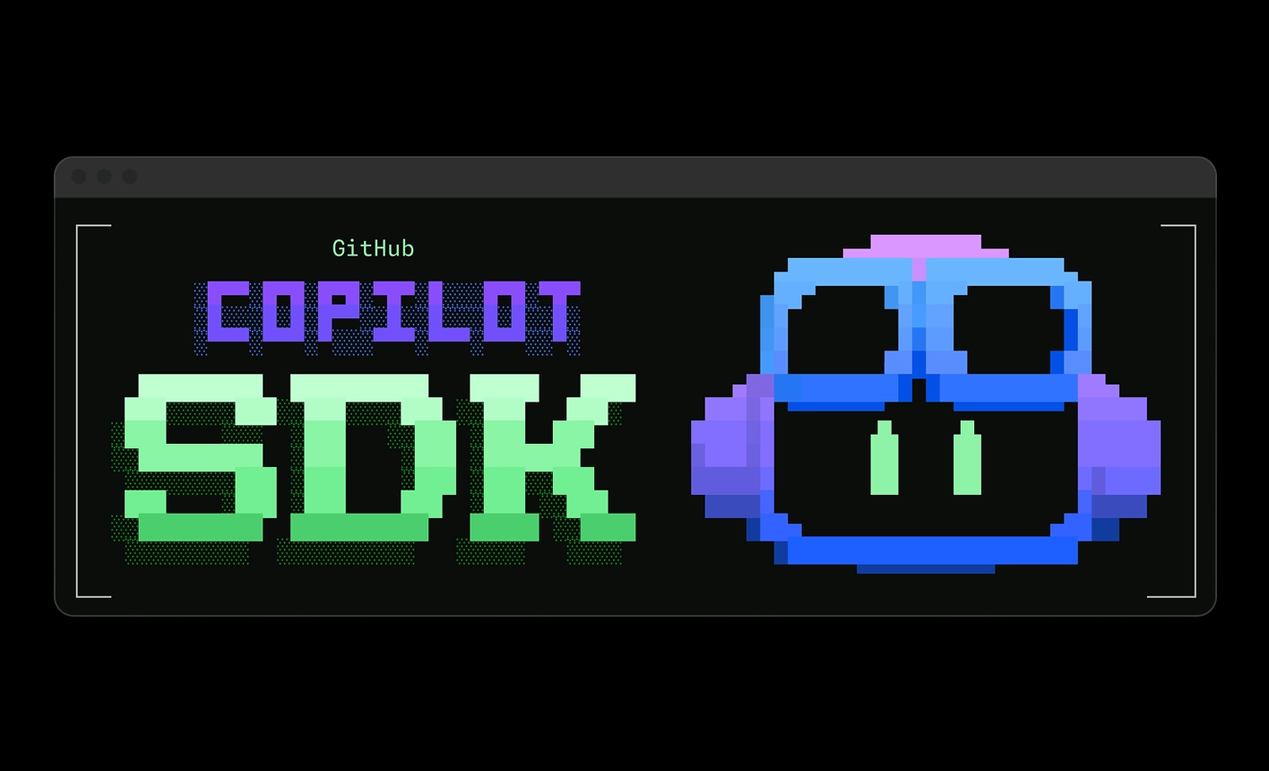 Pixel‑style illustration resembling a terminal window, featuring the text 'GitHub Copilot SDK' in large blocky letters alongside a pixel‑art Copilot character with blue goggles and purple headphones.