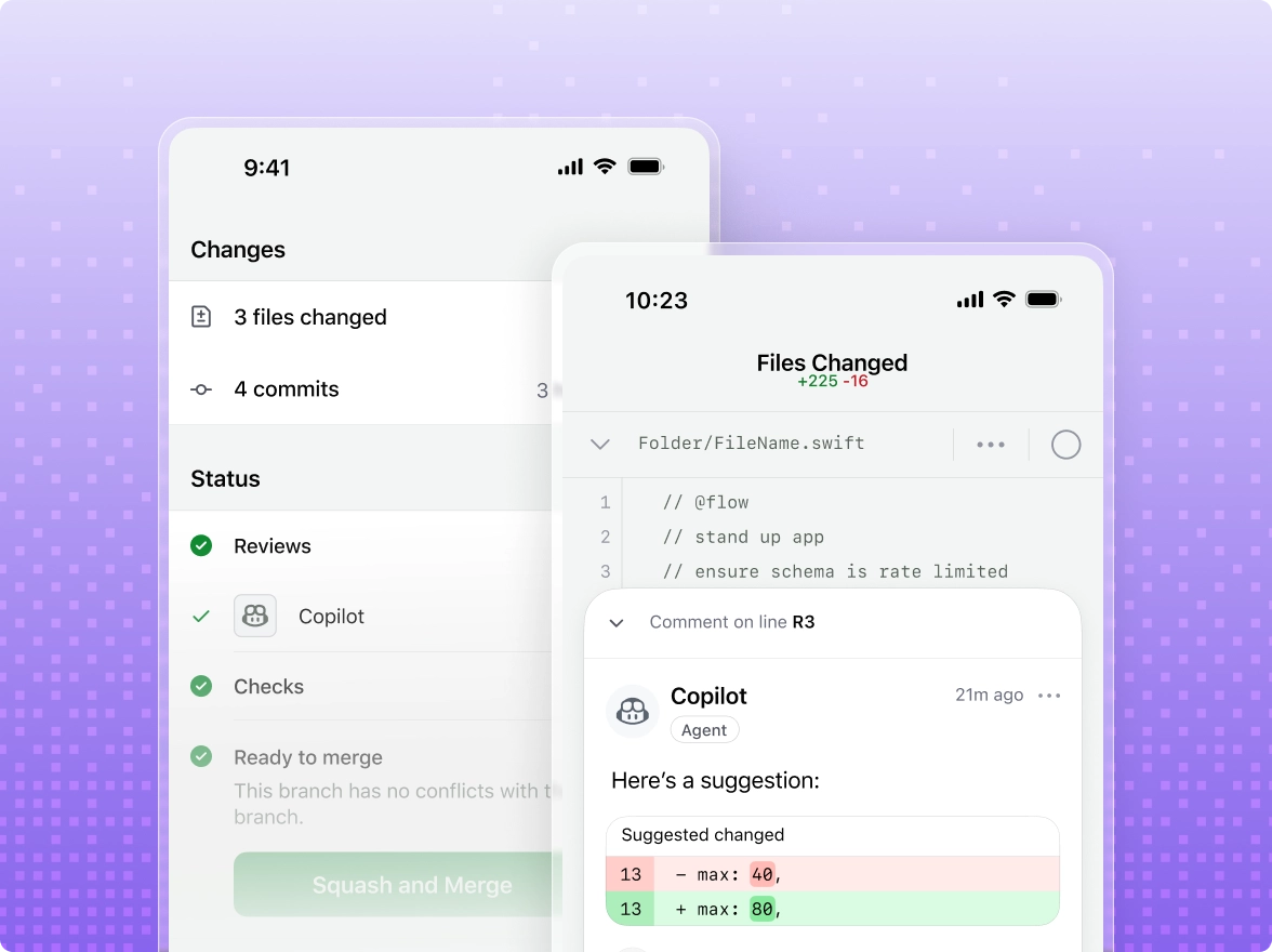 Two phone screens are shown: in the first screen, GitHub Copilot has been assigned as a code reviewer to an issue and completed its review. In the second screen, it displays file changes made by Copilot with comments and suggested changes.