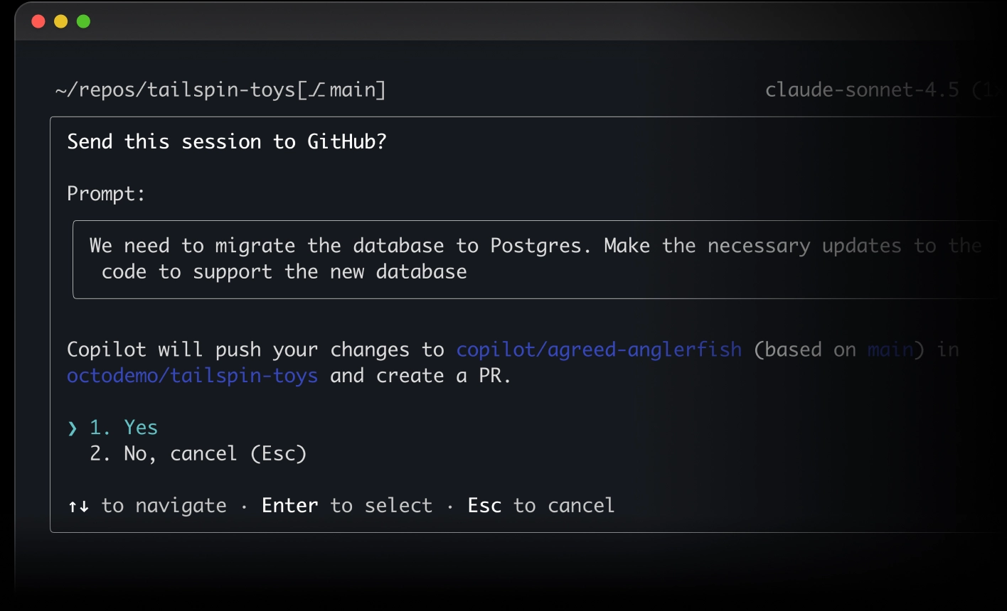 Terminal prompt asking whether to send a session to GitHub, showing a migration message and Yes/No options.