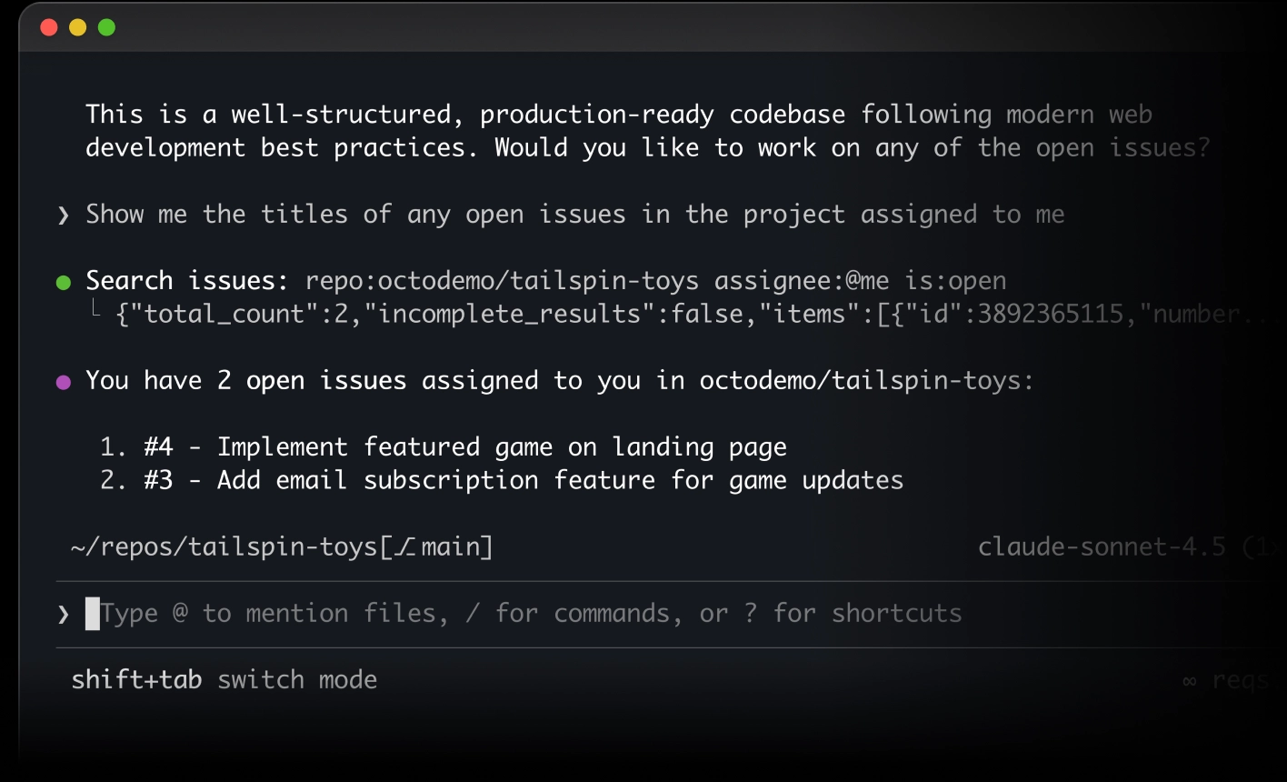 Screenshot of a terminal where an AI assistant displays two assigned GitHub issues: #4 'Implement featured game on landing page' and #3 'Add email subscription feature for game updates.' A command prompt waits for input below.