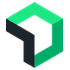 A geometric design with interlocking green and dark gray rectangular shapes forming a 3D-like structure on a white background.