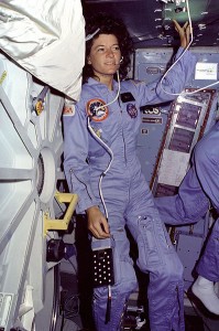 Photo of Sally Ride aboard the Space Shuttle.
