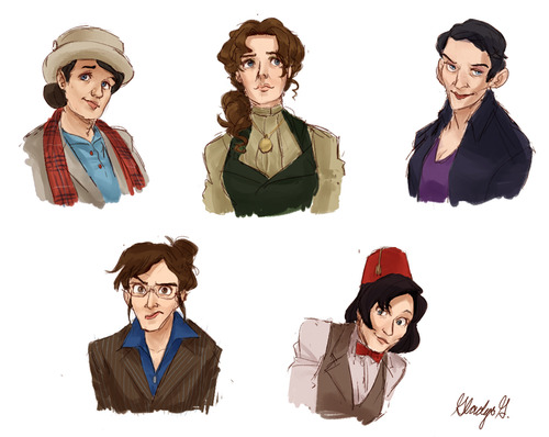 Time Ladies: All 11 Doctors from Dr. Who, represented as women. Picture by Gladys @ http://rocketssurgery.tumblr.com