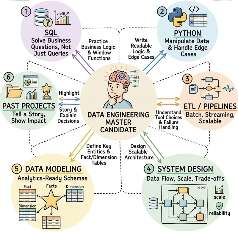 Data engineering interview roadmap showing SQL, Python, ETL pipelines, system design, data modeling, and project storytelling skills
