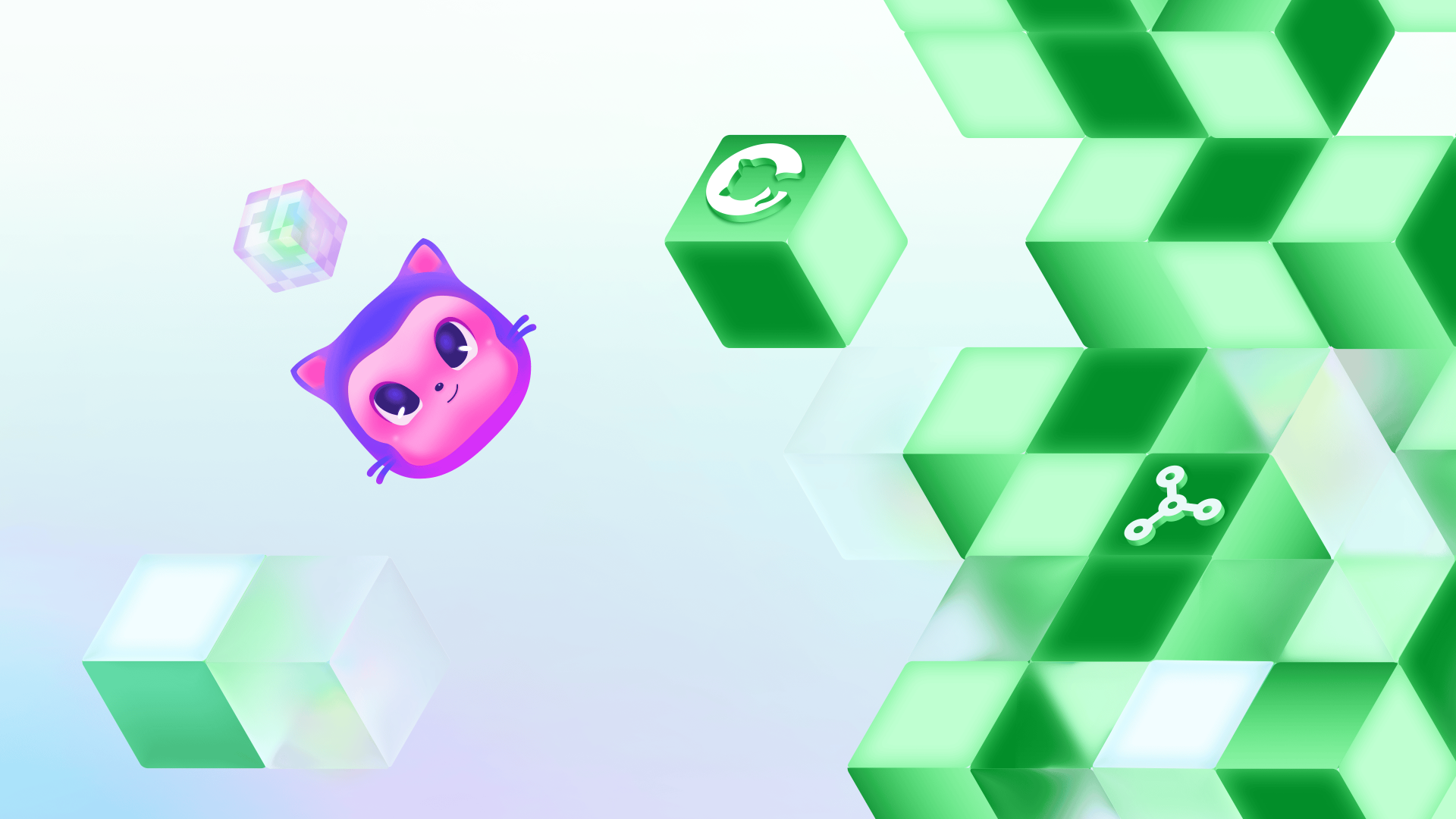 Mona floating among green cubes featuring GitHub invertocat logos in a decorative scene.