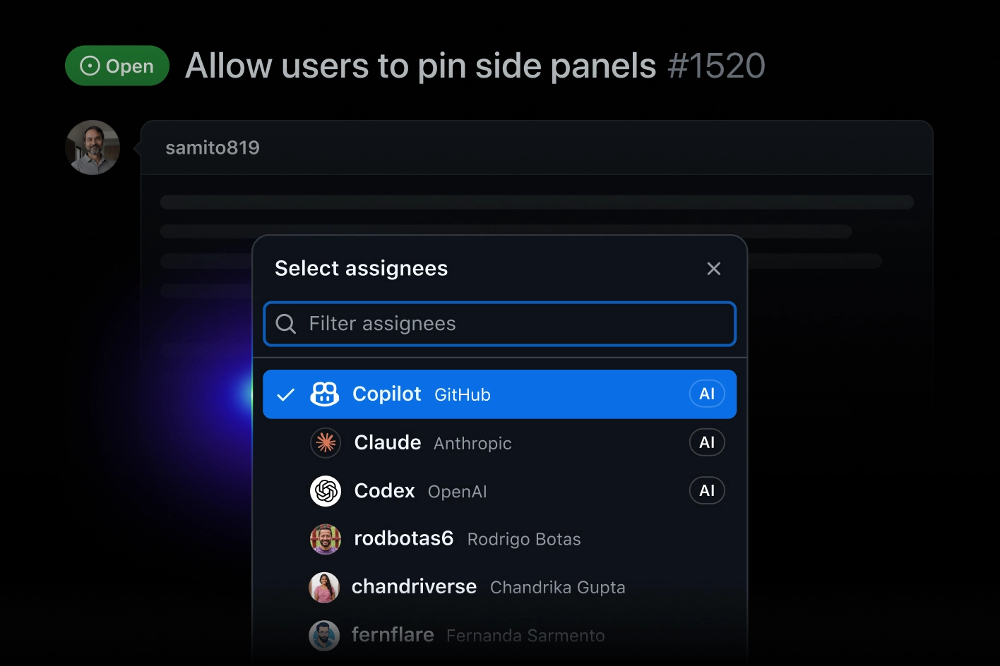 GitHub issue interface showing an “Select assignees” dialog. A search field labeled “Filter assignees” appears above a list of options. The Copilot GitHub AI assistant is selected, with additional choices including Claude (Anthropic), Codex (OpenAI), and several individual user accounts. The modal is displayed over an open issue titled “Allow users to pin side panels #1520.”