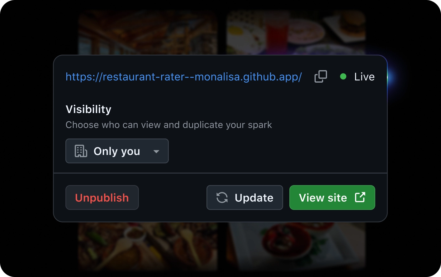 Website interface showing the URL "https://munchmap-monalisa.github.app/" marked as "Live", with visibility set to "Only you" and buttons labeled "Unpublish", "Update", and "View site".