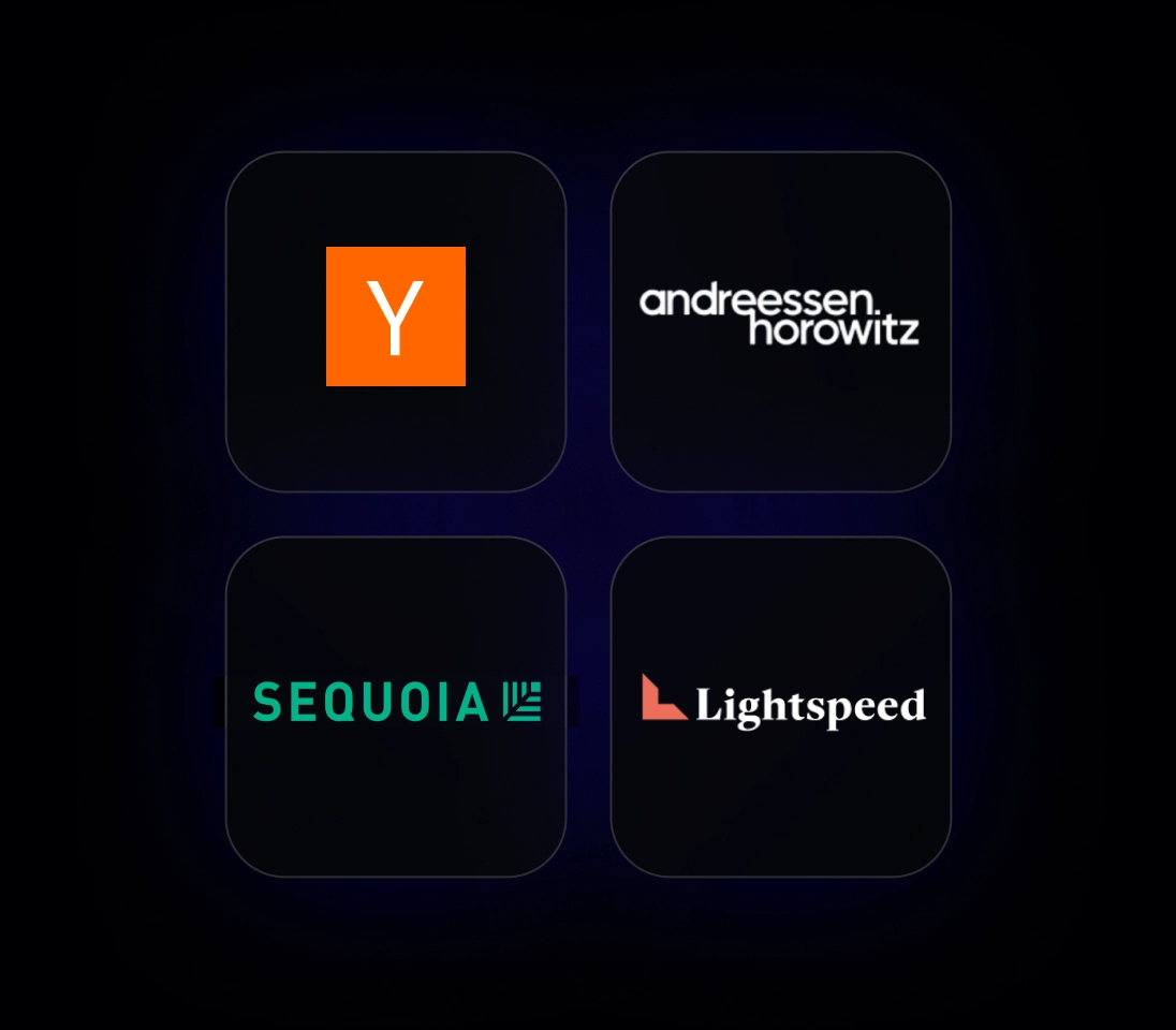 Logos for Y Combinator,  Lightspeed Venture Partners, Andreessen Horowitz, and Sequoia Capital