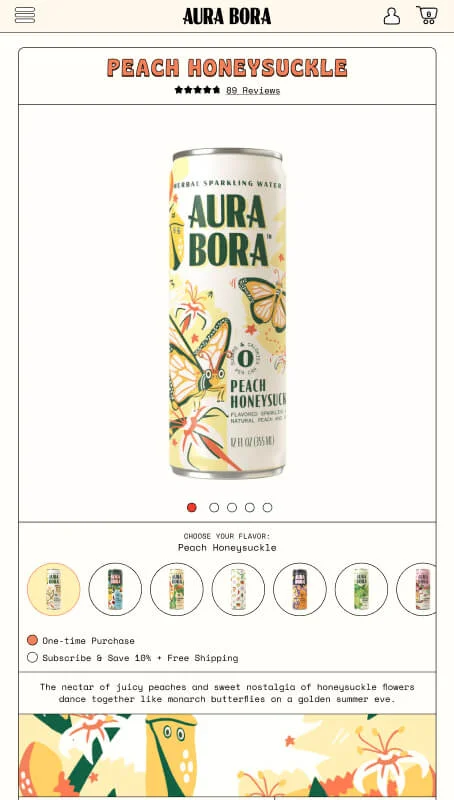 Image of Aura Bora mobile website selling canned drinks