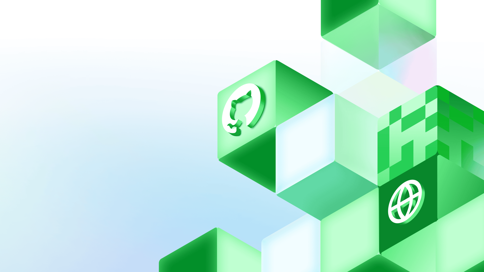 Geometric background featuring cubes with the GitHub invertocat logo and related icons.