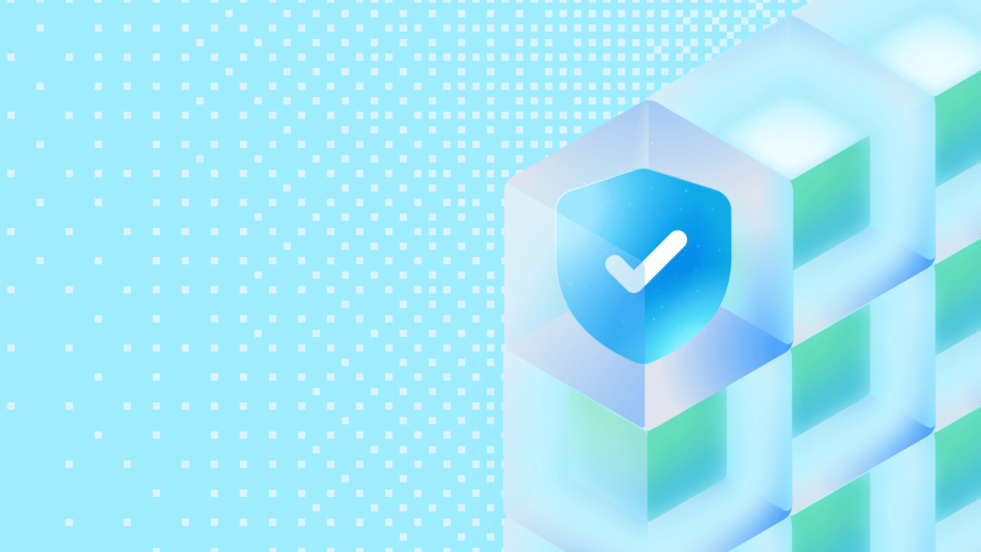 A decorative background featuring a shield with a checkmark symbol suggesting security or verification.