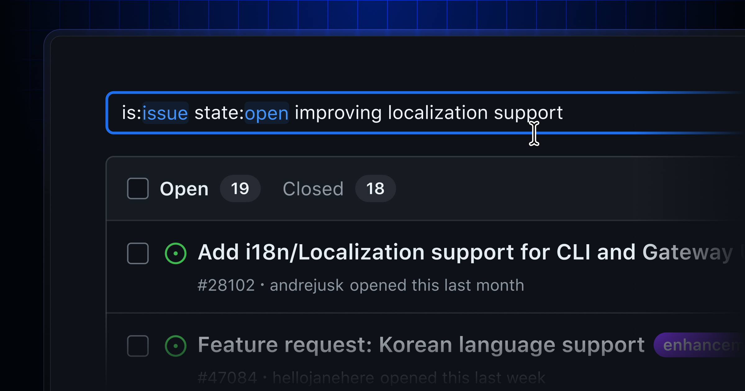 A visual example of GitHub semantic search, showing a search for "improving localization support" successfully finding related issues about "i18n" and specific languages like Korean