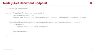 ©2015 Couchbase Inc. 32
Node.js Get Document Endpoint
// routes.js continued…
app.get("/api/get", function(req, res) {
if(!req.query.document_id) {
return res.status(400).send({"status": "error", "message": ”Document ID?"});
}
RecordModel.getByDocumentId(req.query.document_id, function(error, result) {
if(error) {
return res.status(400).send(error);
}
res.send(result);
});
});
 