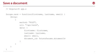 ©2015 Couchbase Inc. 40
Save a document
// AngularJS app.s
$scope.save = function(firstname, lastname, email) {
$http(
{
method: "POST",
url: "/api/save",
data: {
firstname: firstname,
lastname: lastname,
email: email,
document_id: $stateParams.documentId
}
}
)
}
 
