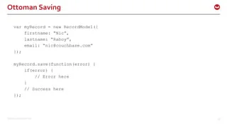 ©2015 Couchbase Inc. 48
Ottoman Saving
var myRecord = new RecordModel({
firstname: “Nic”,
lastname: “Raboy”,
email: “nic@couchbase.com”
});
myRecord.save(function(error) {
if(error) {
// Error here
}
// Success here
});
 