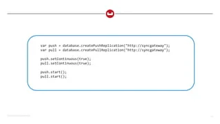©2015 Couchbase Inc. 62
var push = database.createPushReplication("http://syncgateway");
var pull = database.createPullReplication("http://syncgateway");
push.setContinuous(true);
pull.setContinuous(true);
push.start();
pull.start();
 