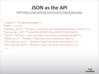 JSON	
  as	
  the	
  API
curl	
  https://api.github.com/users/sideshowcoder
{
"login": "sideshowcoder",
"id": 108488,
"avatar_url": "https://avatars.githubusercontent.com/u/…",
"gravatar_id": "5cde19029032f151ca09687f7c8783eb",
"url": "https://api.github.com/users/sideshowcoder",
"html_url": "https://github.com/sideshowcoder",
"followers_url": "https://api.github.com/users/…",
"following_url": "https://api.github.com/users/…",
...
}
 