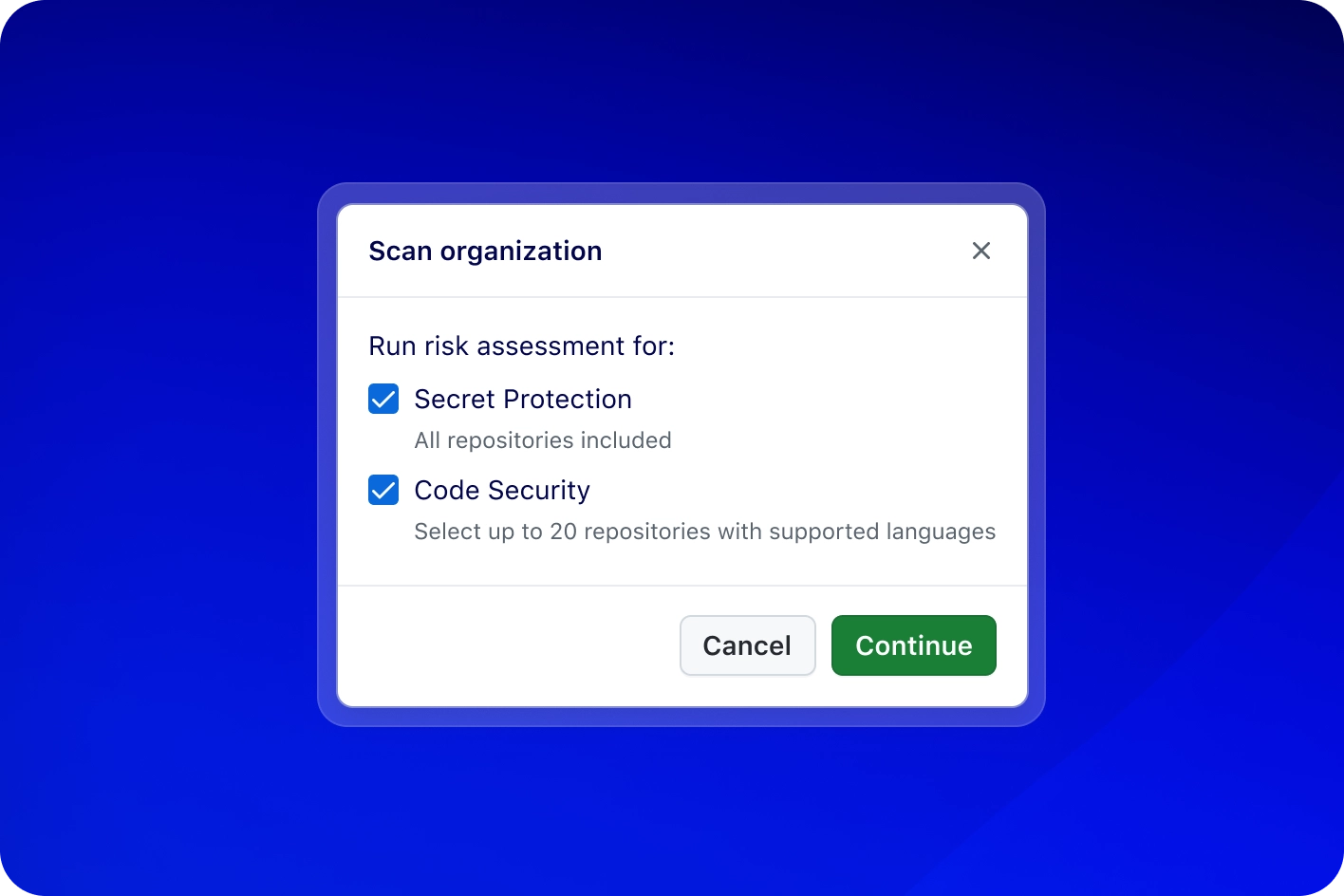 Modal titled “Scan organization” showing a risk assessment setup with Secret Protection and Code Security selected, and Cancel and Continue buttons.