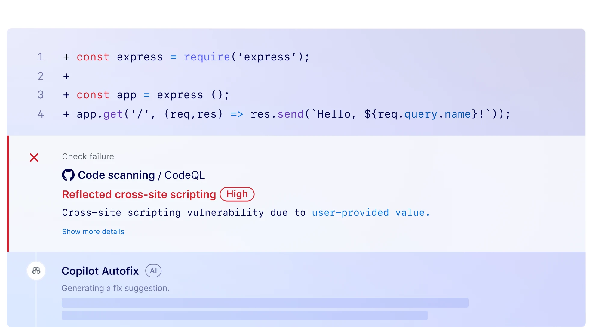 Screenshot displaying a code snippet with an Express.js application setup and a CodeQL scan result indicating a high-severity reflected cross-site scripting vulnerability due to user-provided value. The GitHub Copilot Autofix feature is generating a fix suggestion.