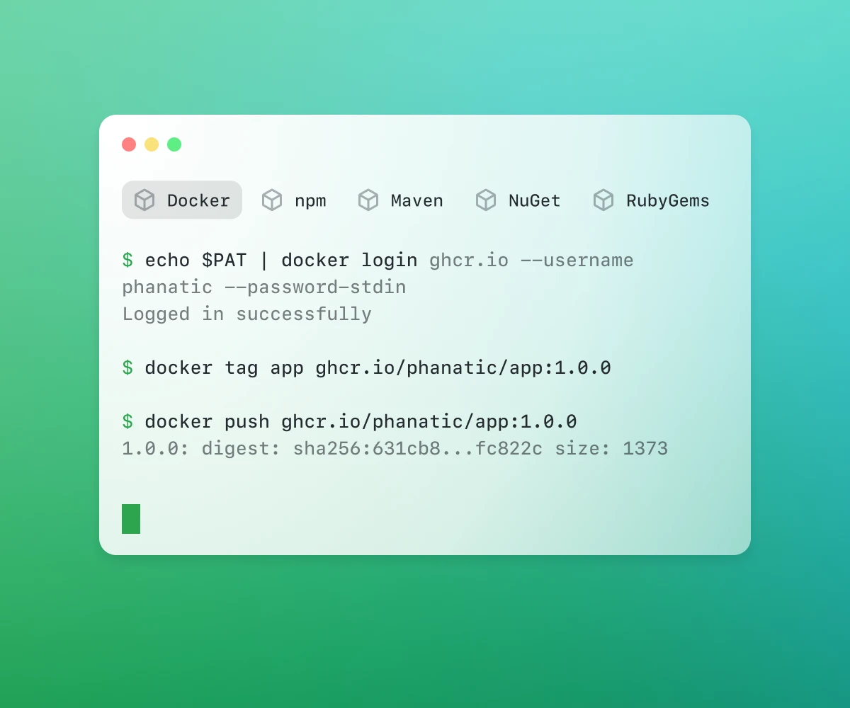 Screenshot of a terminal window showing Docker commands to log in to GitHub's container registry (ghcr.io), tag an application image, and push the image version (1.0.0) to the repository, with a successful login and digest confirmation. The background features a gradient from green to teal.