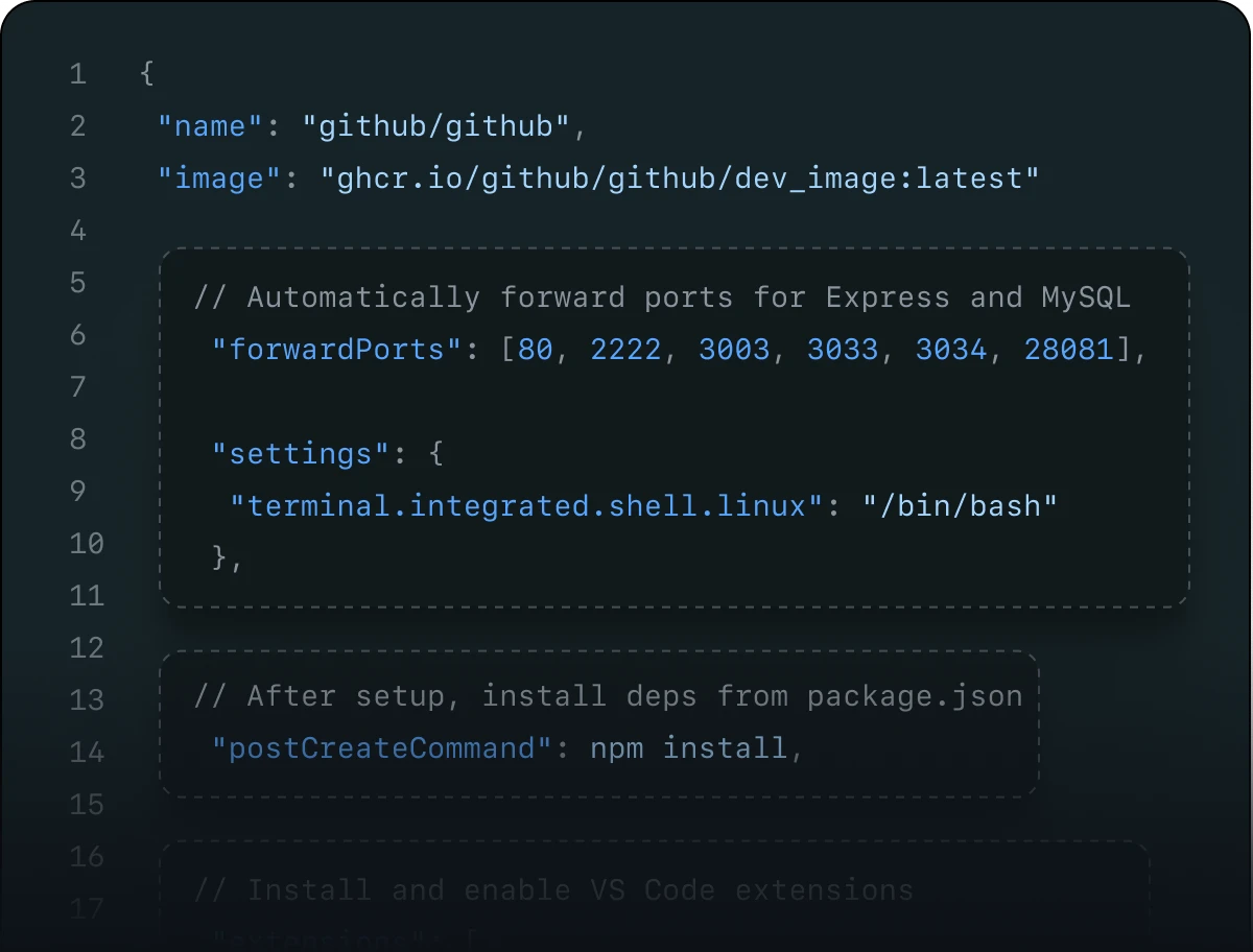 The image displays a JSON configuration file for setting up a development environment. It includes settings for forwarding ports (80, 2222, 3003, 3033, 3040, 28081), installing dependencies with the command "npm install," and enabling Visual Studio Code extensions. The terminal setting is configured to use "/bin/bash".