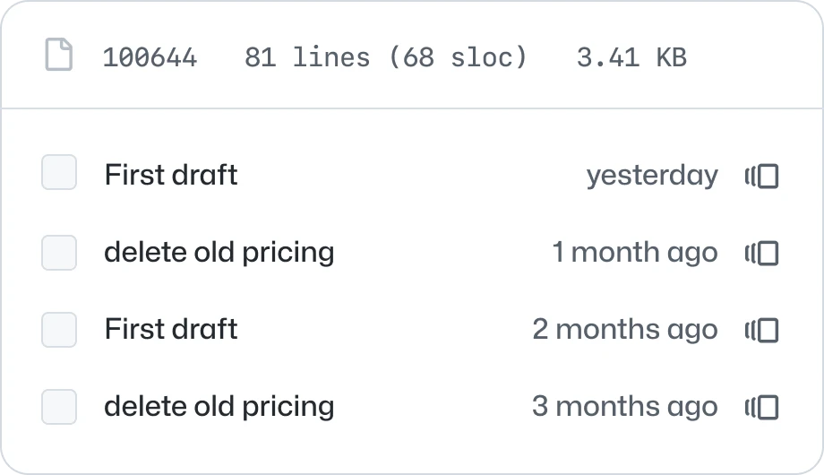 Image showing a file history showing four version entries with names and timestamps: 'First draft' and 'delete old pricing,' modified over the past few months.