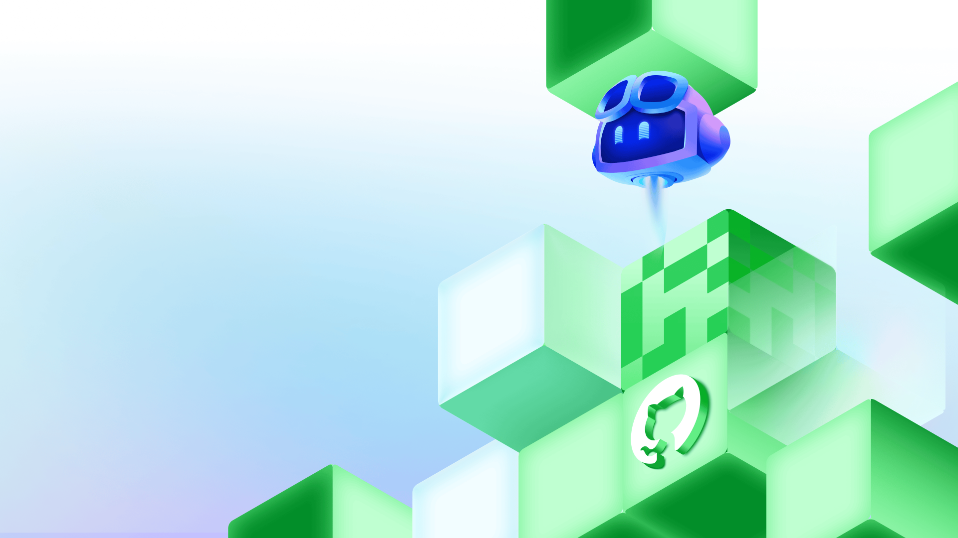 Copilot hovering above geometric blocks featuring the GitHub invertocat logo in a decorative scene.