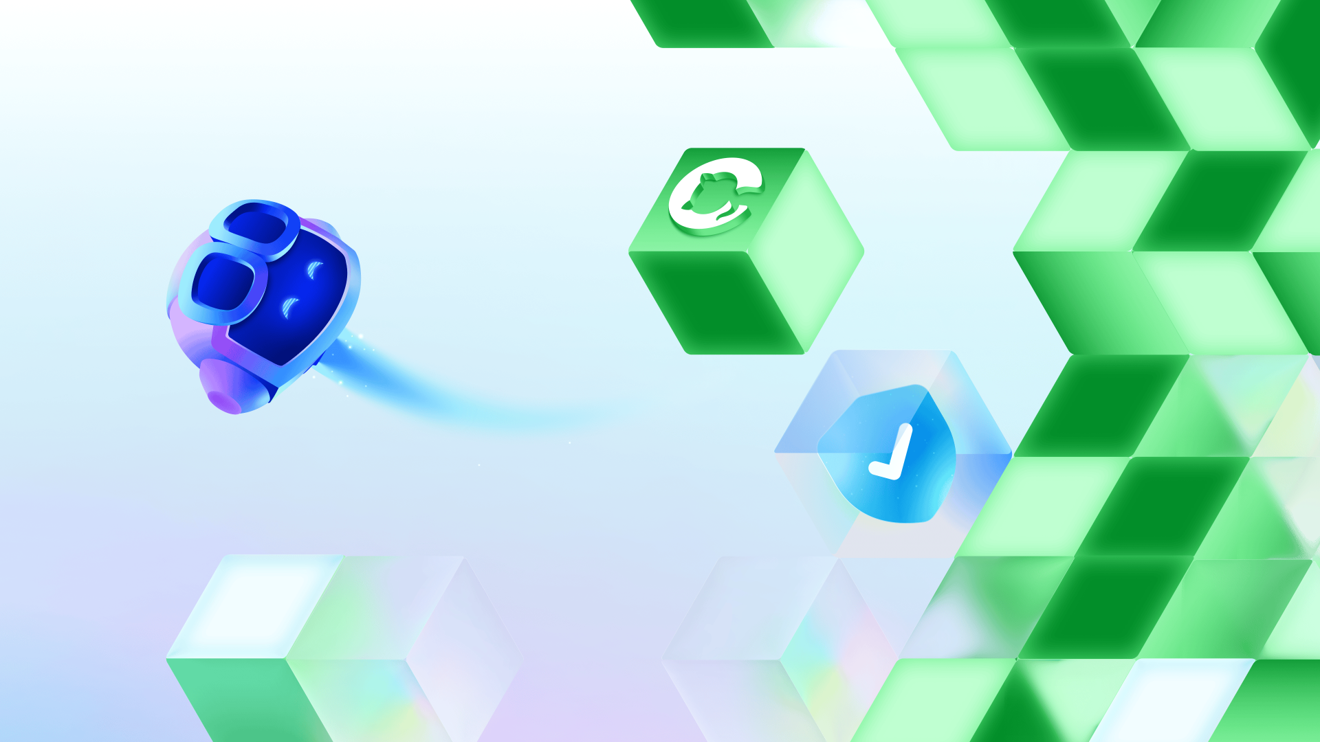 Copilot moves through a decorative field of floating cubes marked with sync and check icons.