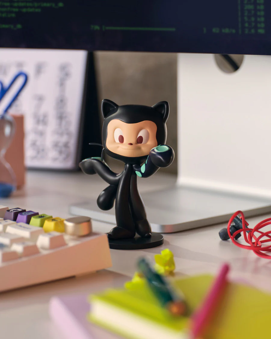 Black monacat figurine on a desk with computer equipment in the background