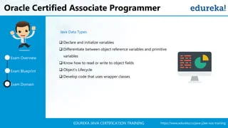 https://www.edureka.co/java-j2ee-soa-trainingEDUREKA JAVA CERTIFICATION TRAINING
Oracle Certified Associate Programmer
Exam Domain
Exam Overview
Exam Blueprint
Java Data Types
 Declare and initialize variables
 Differentiate between object reference variables and primitive
variables
 Know how to read or write to object fields
 Object's Lifecycle
 Develop code that uses wrapper classes
 