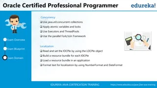 https://www.edureka.co/java-j2ee-soa-trainingEDUREKA JAVA CERTIFICATION TRAINING
Oracle Certified Professional Programmer
Exam Domain
Exam Overview
Exam Blueprint
Concurrency
 Use java.util.concurrent collections
 Apply atomic variables and locks
 Use Executors and ThreadPools
 Use the parallel Fork/Join Framework
Localization
 Read and set the lOCPle by using the LOCPle object
 Build a resource bundle for each lOCPle
 Load a resource bundle in an application
 Format text for localization by using NumberFormat and DateFormat
 