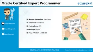 https://www.edureka.co/java-j2ee-soa-trainingEDUREKA JAVA CERTIFICATION TRAINING
Oracle Certified Expert Programmer
Exam Domain
Exam Overview
Exam Blueprint
 Number of Questions: Exam Based
 Time Limit: Exam Based
 Passing Score: 65%
 Language: English
 Price: INR 10100 or USD 300
 