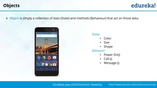 `
https://www.edureka.co/java-j2ee-soa-trainingEDUREKA JAVA CERTIFICATION TRAINING
Objects
➢ Object is simply a collection of data (State) and methods (Behaviour) that act on those data.
State:
• Color
• Size
• Shape
Behavior:
• Power On();
• Call ();
• Message ();
 