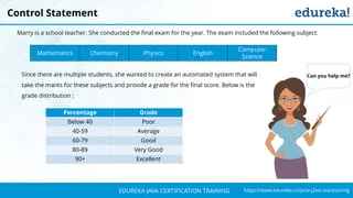 `
https://www.edureka.co/java-j2ee-soa-trainingEDUREKA JAVA CERTIFICATION TRAINING
Marry is a school teacher. She conducted the final exam for the year. The exam included the following subject:
Control Statement
Mathematics Chemistry Physics English
Computer
Science
Since there are multiple students, she wanted to create an automated system that will
take the marks for these subjects and provide a grade for the final score. Below is the
grade distribution :
Percentage Grade
Below 40 Poor
40-59 Average
60-79 Good
80-89 Very Good
90+ Excellent
Can you help me?
 
