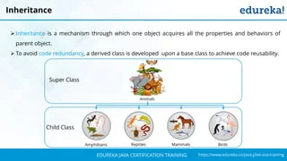 `
https://www.edureka.co/java-j2ee-soa-trainingEDUREKA JAVA CERTIFICATION TRAINING
Super Class
Child Class
Inheritance
➢ Inheritance is a mechanism through which one object acquires all the properties and behaviors of
parent object.
➢ To avoid code redundancy, a derived class is developed upon a base class to achieve code reusability.
Amphibians Reptiles Mammals Birds
Animals
 