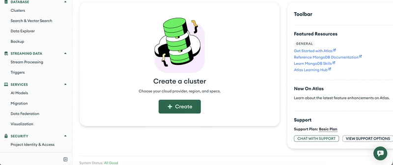 MongoDB Atlas Create Cluster Page