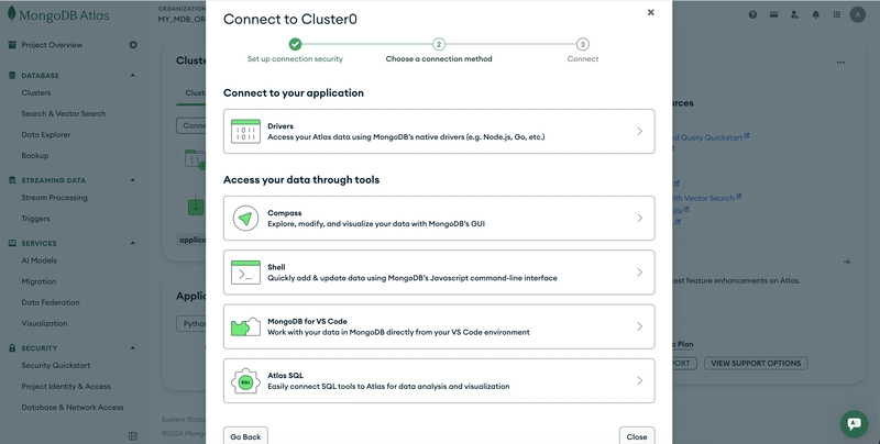Connect to MongoDB Atlas Cluster Page