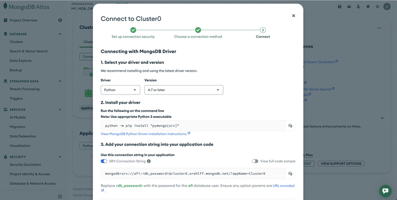 Connection URI on MongoDB Atlas Cluster Page