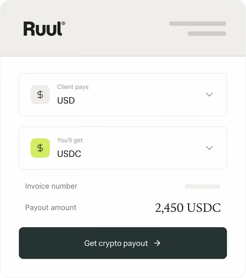 RuuI payment interface showing client pays in USD and receives 2,450 USDC with a button to get crypto payout.