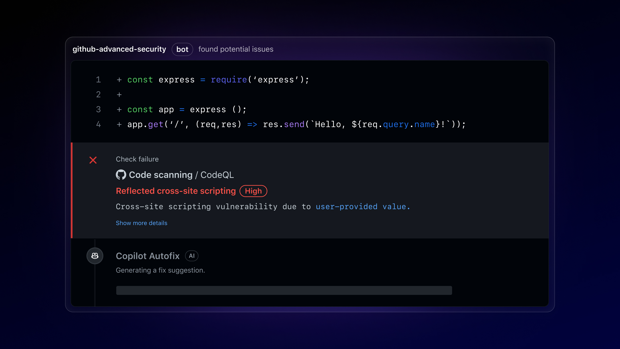 Screenshot displaying a code snippet with an Express.js application setup and a CodeQL scan result indicating a high-severity reflected cross-site scripting vulnerability due to user-provided value. The GitHub Copilot Autofix feature is generating a fix suggestion.