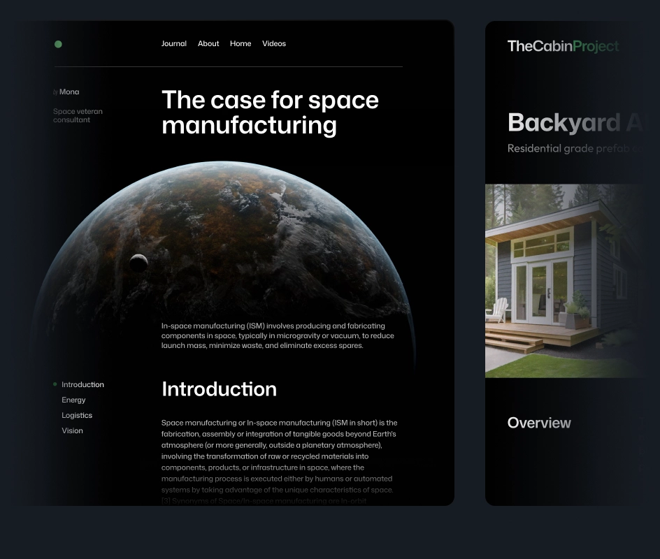 A webpage split into two sections. Left: "The case for space manufacturing" with intro text and menu items—Introduction, Energy, Logistics, Vision. Right: "Backyard ADU" with a subtitle about prefab housing, an image of a small house, and "Project Overview" text.