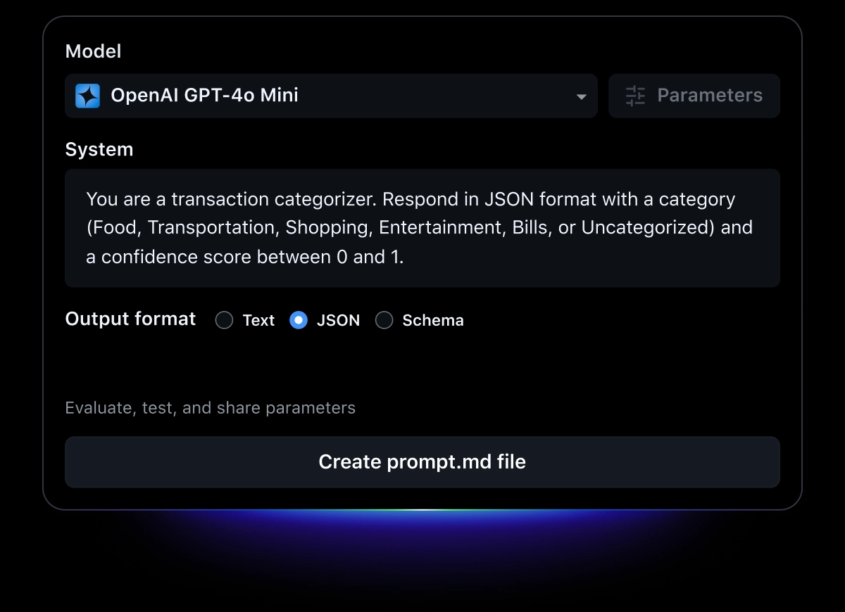 GitHub Models interface displaying a configuration for the 'OpenAI GPT-4o Mini' model. There’s a system prompt and a form field that allows you to select the output format, followed by a button that reads 'Create prompt.md file.'
